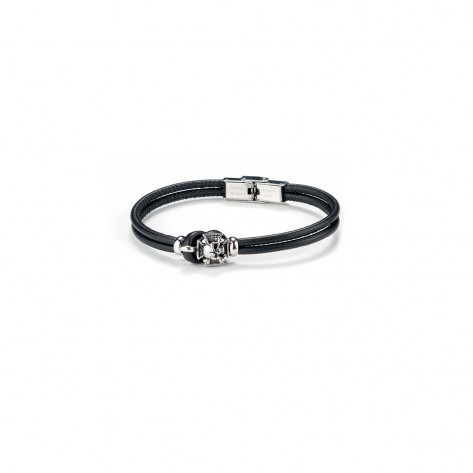 Bracciale con due fasce in pelle nera e teschio