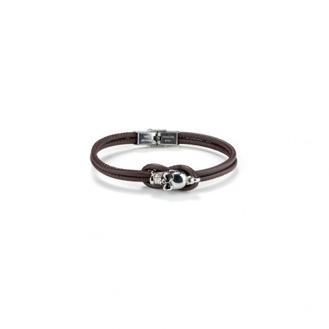 Bracciale con due fasce in pelle marrone e teschio