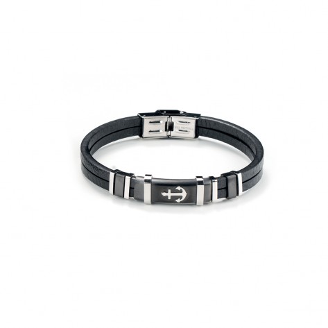 Bracciale in pelle e acciaio color grigio antracite con ancora