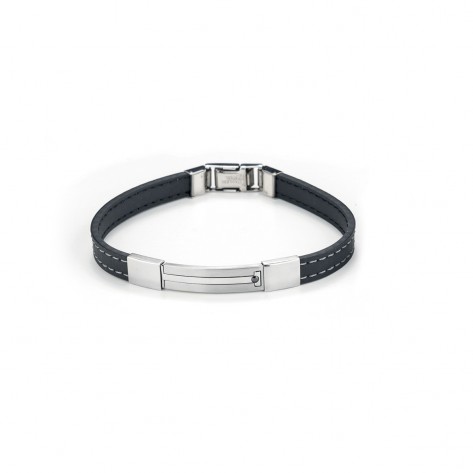 Bracciale in ecopelle nera e acciaio con linea e zircone