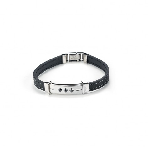 Bracciale in ecopelle nera e acciaio con 3 rombi