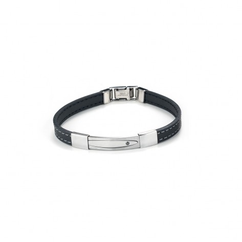 Bracciale in ecopelle nera e acciaio con semiovale e zircone