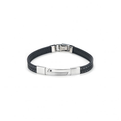 Bracciale in ecopelle nera e acciaio con linea a z e zircone