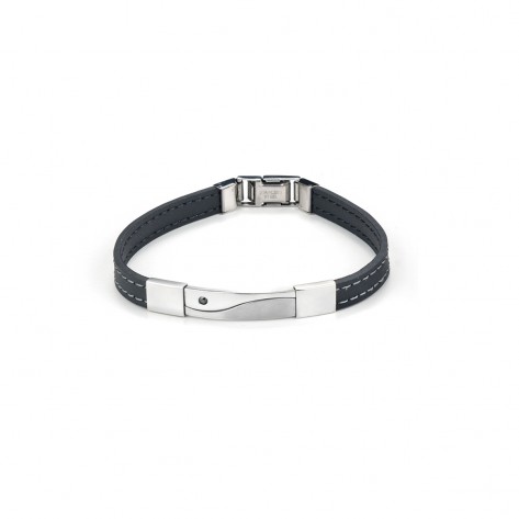 Bracciale in ecopelle nera e acciaio con linea ad onda zircone