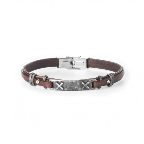 Bracciale in vero cuoio marrone con piastra in acciaio con x in rilievo