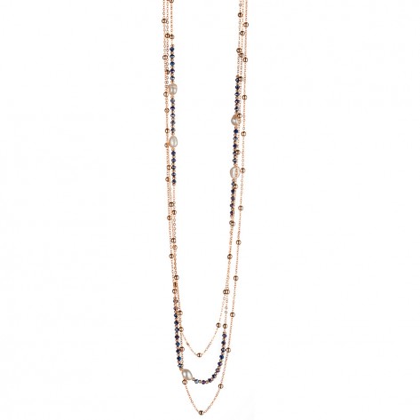 Collana multifilo in bronzo con cristalli blu e perle