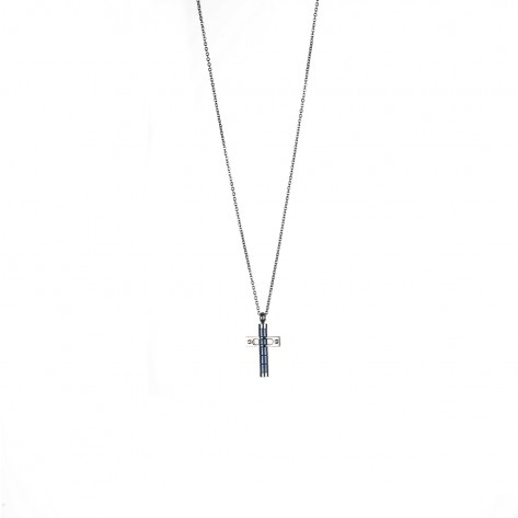 Collana con ciondolo a croce con cilindro blu