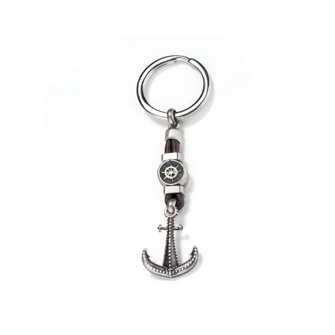 Portachiavi in pelle ed acciaio con timone e ancora