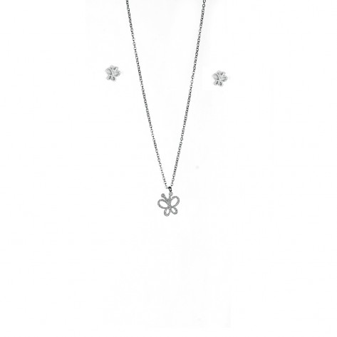 Parure collana con ciondolo e orecchini a forma di farfalla con antenne