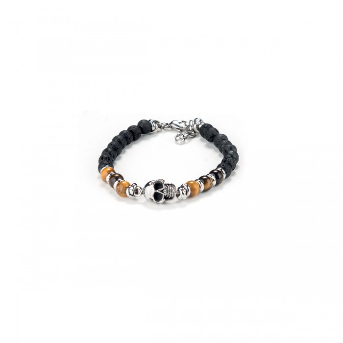 Bracciale Elastico Uomo Con Perline A Croce - Pietre Naturali 8mm (Turchese, Tigre, Onice, Lava) - 19,5 Cm