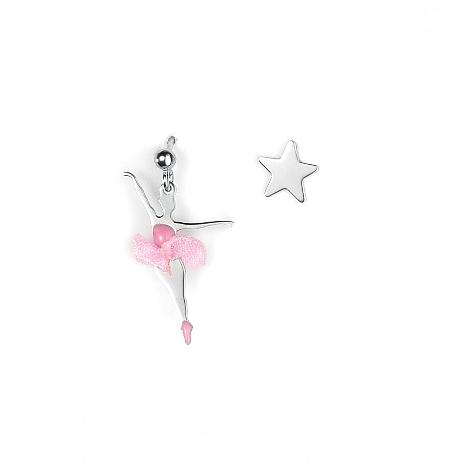 Orecchini A Fata Ballerina In Argento 925 Per Bambine - Con Cristalli Rosa E Bianchi, Chiusura A Vite Sicura